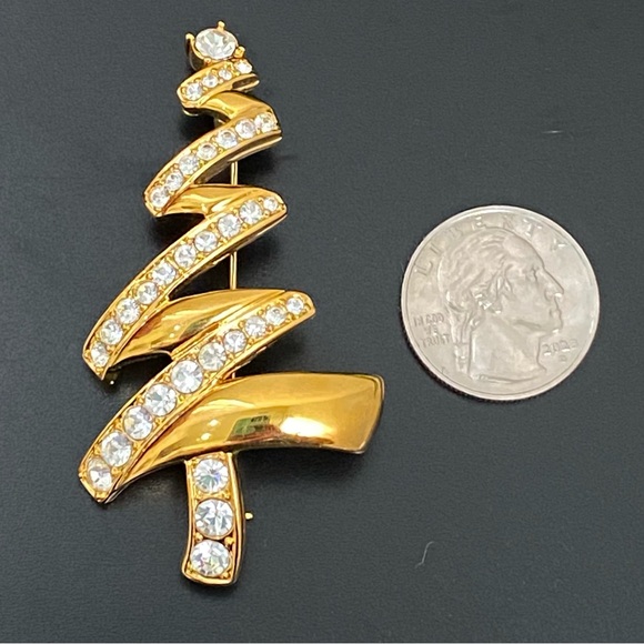 Vintage MONET Signed Gold-tone Clear Rhinestones Zigzag Tree Brooch 18g. - Picture 5 of 12